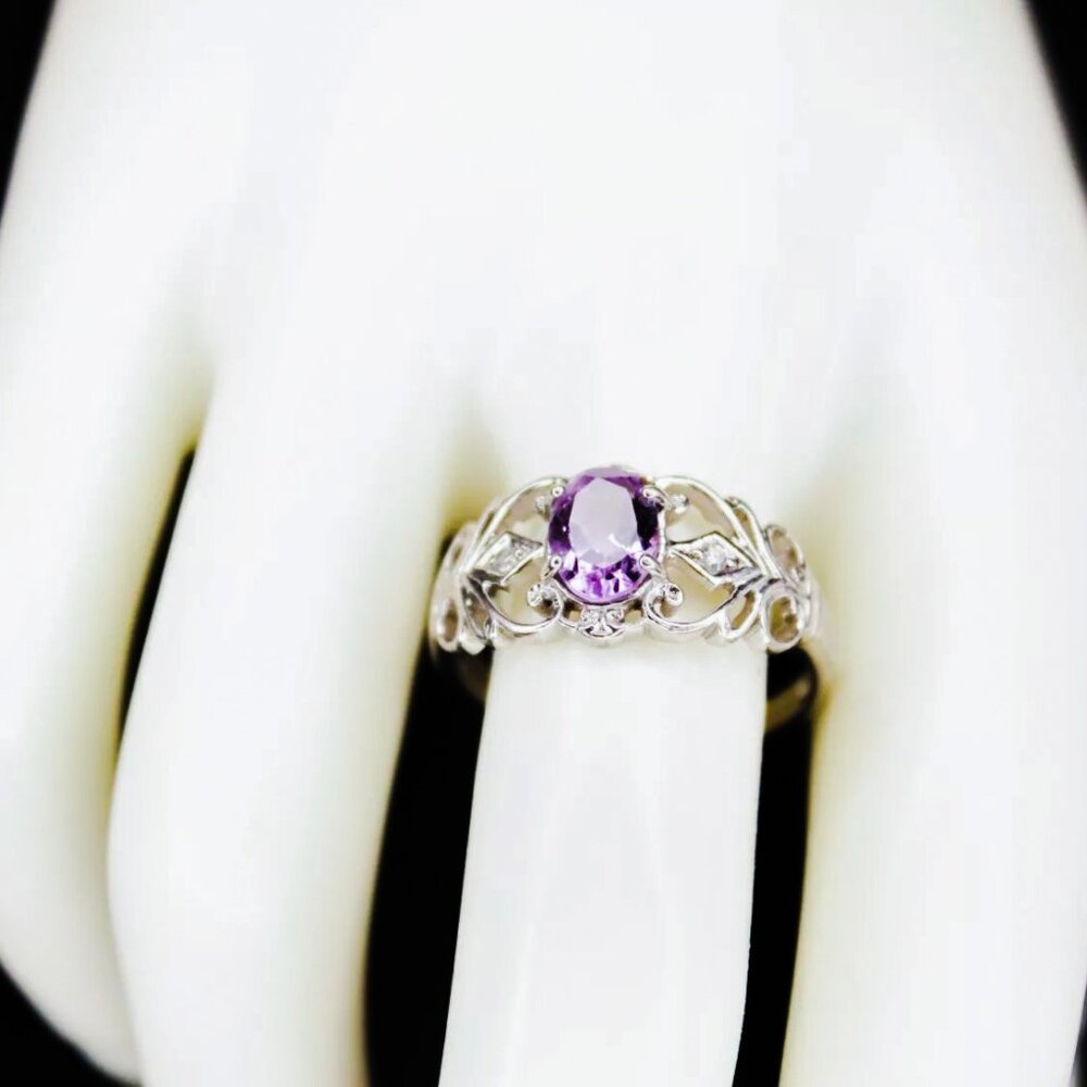925 Sterling Silver Amethyst & CZ Vintage Scrolled Openwork Ring Signed RJ